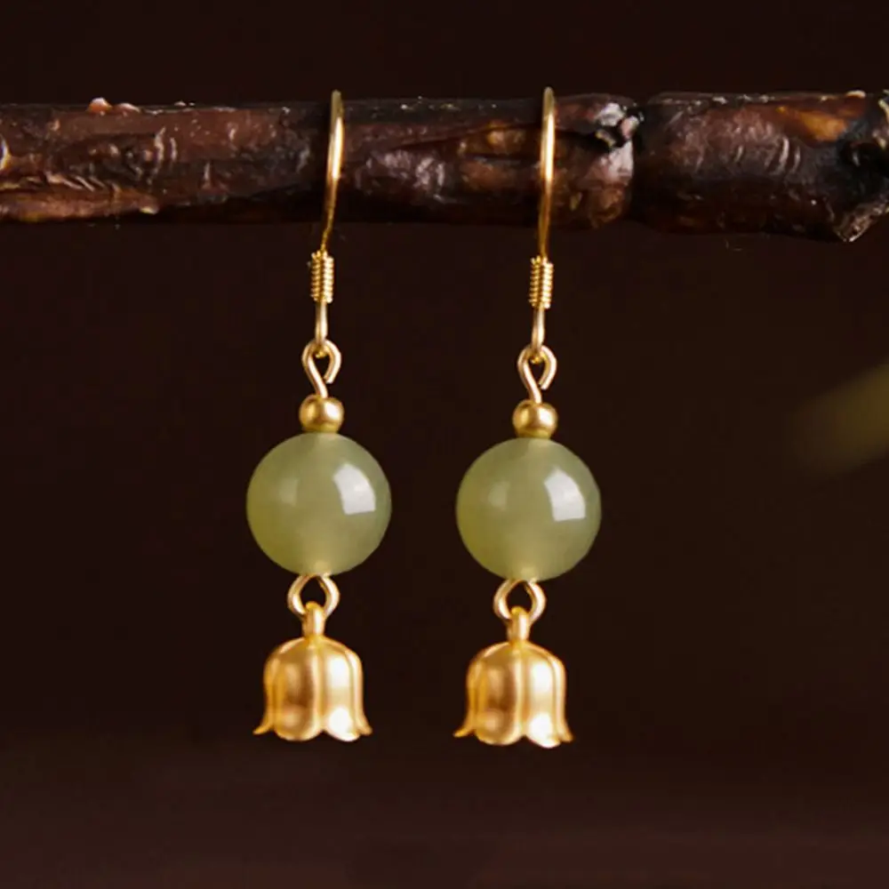 

Fashion Vintage Flower Drop Earrings Delicate Nature Stones Earrings Chinese Hetian Jade Ear Buckle Ethnic Jewelry For Women