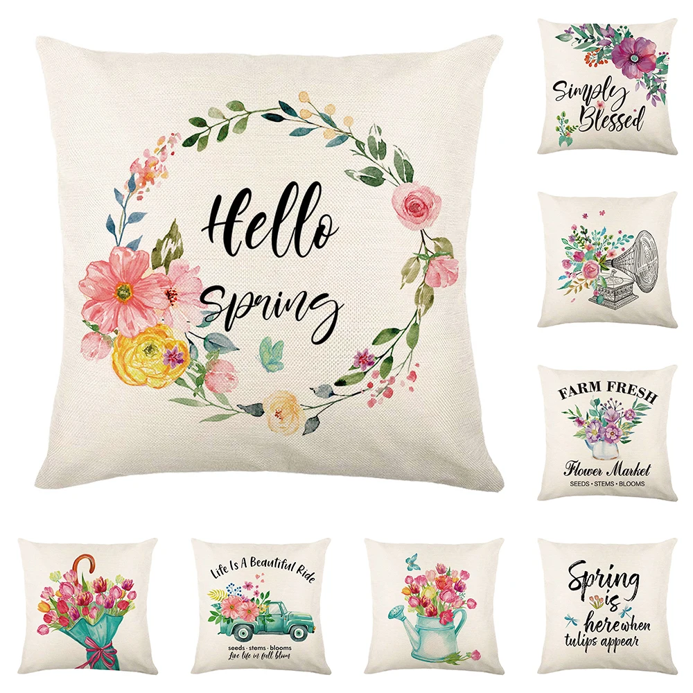 

Spring Farmhouse Decorative Pillow Case Flowers Print Cushion Cover for Sofa Nordic Style Home Decor Throw Pillow Cover 45x45cm
