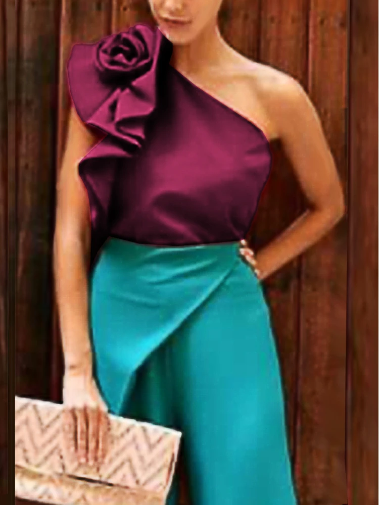 

Burgundy One Shoulder Tops Women Stylish Summer Fashion Blouse Flower Ruffles Slim Fit Pullover Blouse for Ladies Party Wear