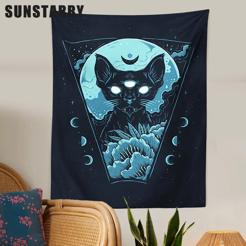 

Tarot Cat Tapestry Wall Hanging Cat Divination Moon Phase Black Tapestries Psychedelic Home Decor Cat Witchcraft Room Decor