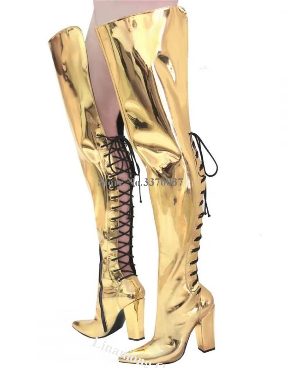 Linamong Women Fashion Gold Patent Leather Loose Over Knee Chunky Heel Boots Pointed Toe Back Open Cut-out Thick Heel Long Boots