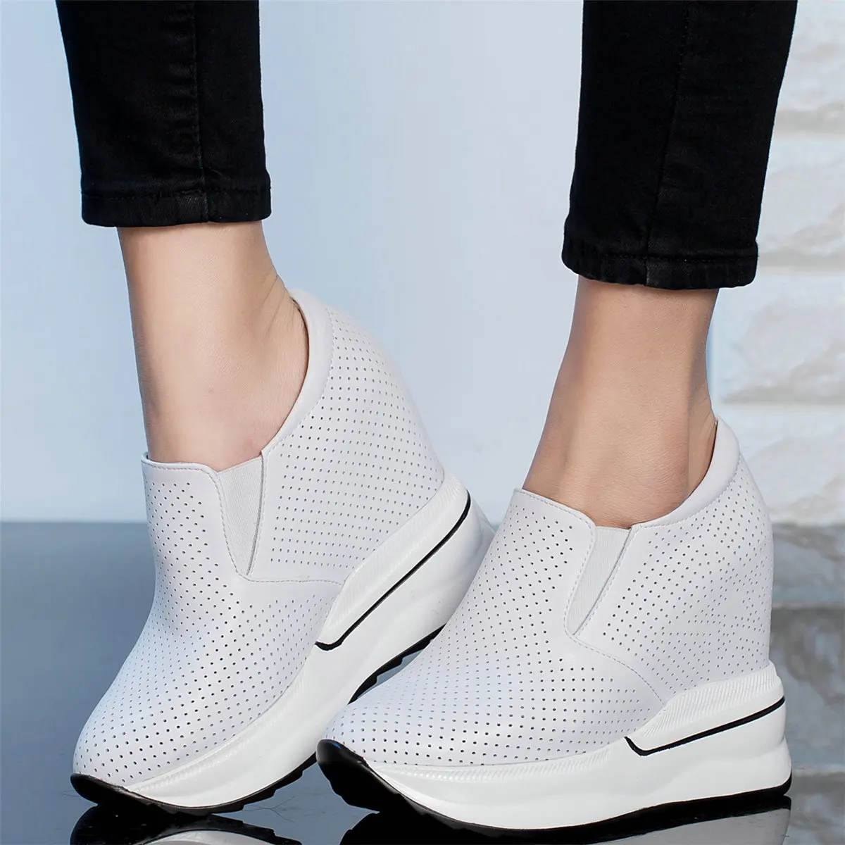 12cm Super High Heels Shoes Women Breathable Cow Leather Wedges Platform Pumps Female Round Toe Fashion Sneakers Casual Shoes