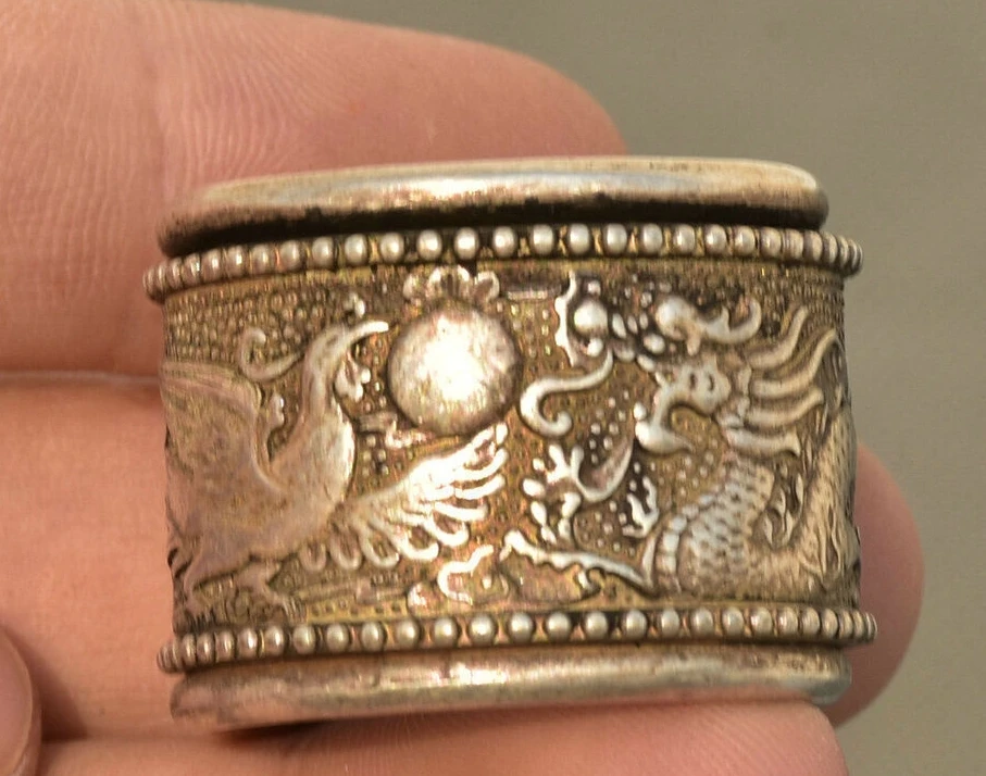 

1.2" Rare Ancient Chinese Palace Silver Hand carved Dragon Phoenix Hand Ring
