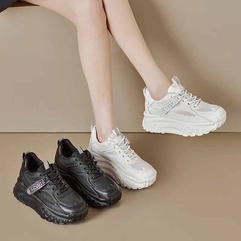 2023 Air Mesh Fashion Genuine Leather Comfy High Brand Breathable Shoes Chunky Sneaker Spring Summer Platform Women Wedge Shoes