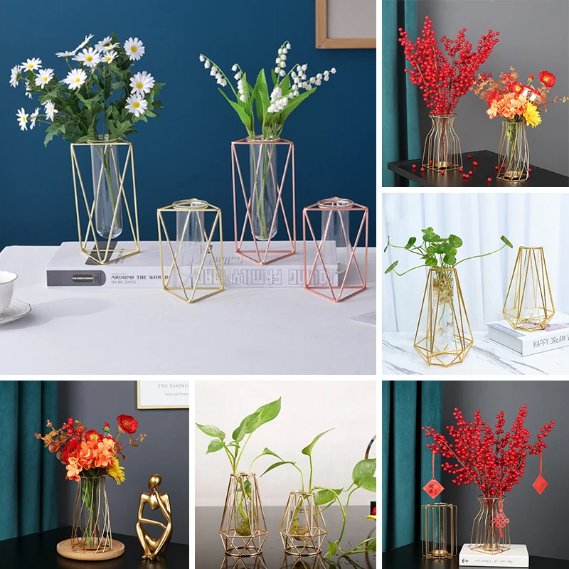 

Iron Art Glass Vase Nordic Geometric Plant Holder Hydroponic Plant Flower Vase Terrarium Vases Tabletop Home Decor