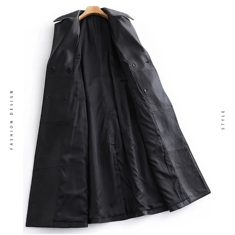 Style for leather sleeve  coat Luxury black outerwear trench Long Women lapel Lautaro spring British women fashion long belt lea enlarge