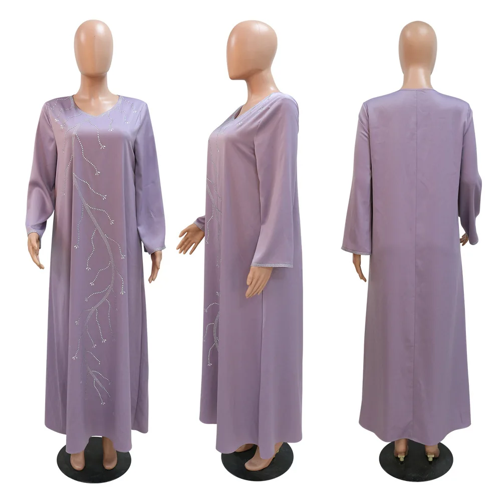 Muslim Fashion 2023 Spring Summer Muslim Long Sleeve Purple Green Blue Polyester Long Abaya Maxi Dress Muslim Dresses Women