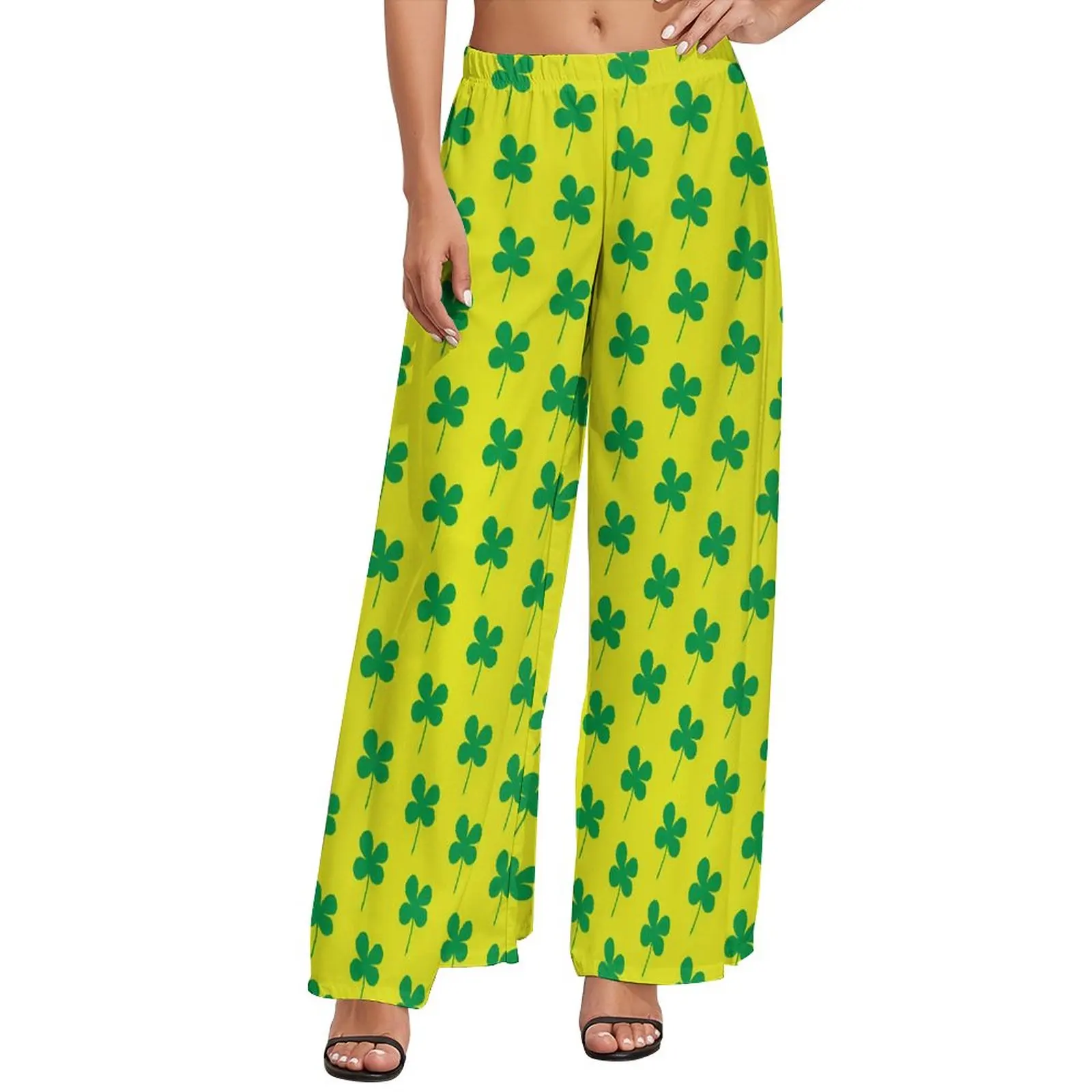 

Green Shamrock Pants High Waisted St Patricks Day Home Trousers Street Wear Custom Wide Leg Pants