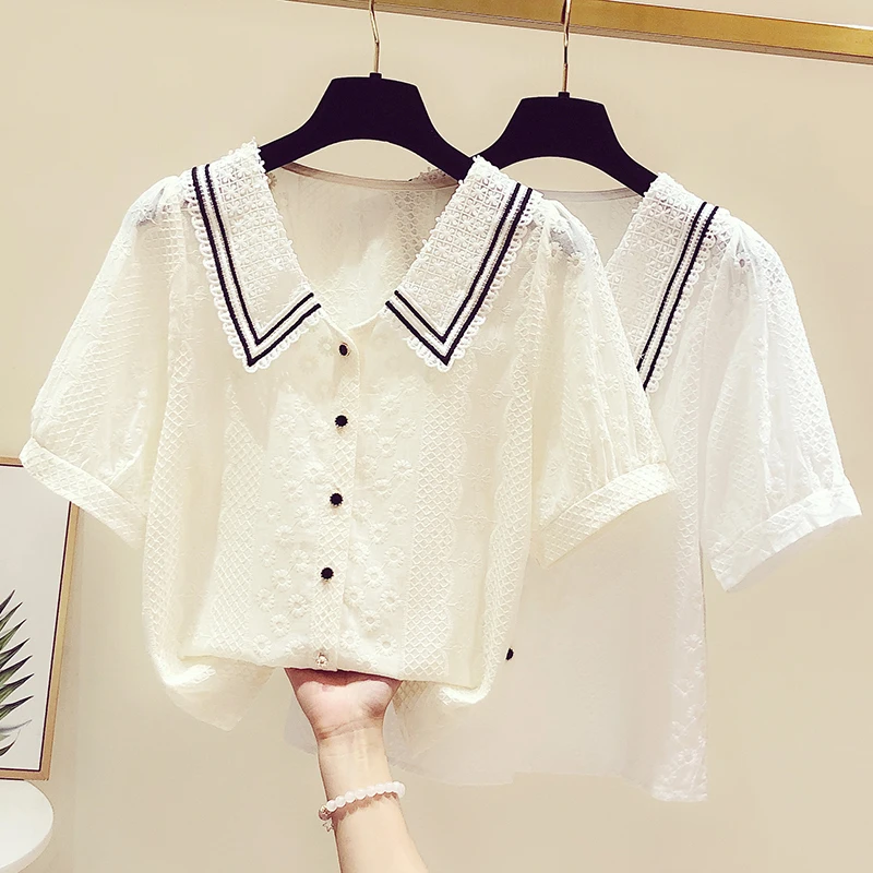 

Women Lace Shirts Blouses Summer 2022 New Fashion Gentle Preppy Style Doll Collar Short Sleeve Shirts Female Button White Tops