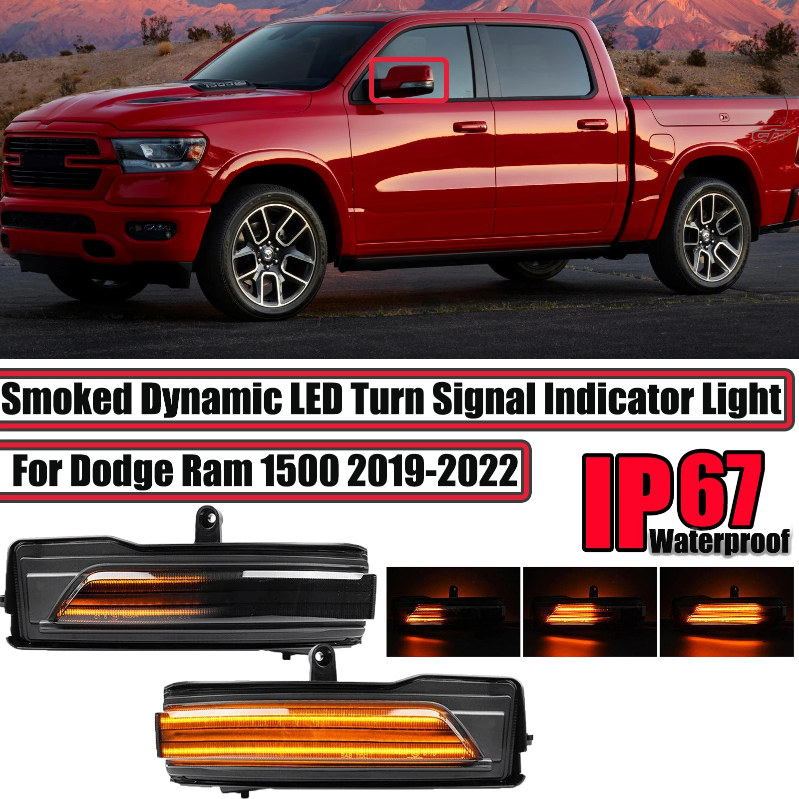 

A pair For Dodge Ram 1500 2019-2022 Pure Amber LED Side Mirror Blinker Lights No Error Sequential Turn Signal Indicator Lamps