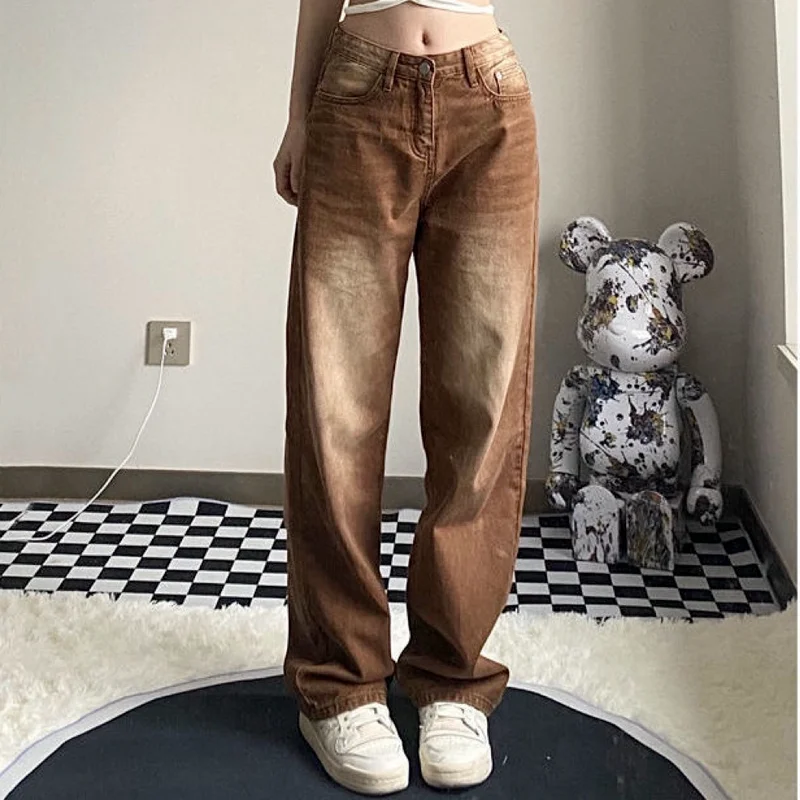 Retro Brown Straight-leg Jeans Women's Autumn Loose Korean Version of The Thin Casual Gradient Color Wide-leg Mopping Trousers