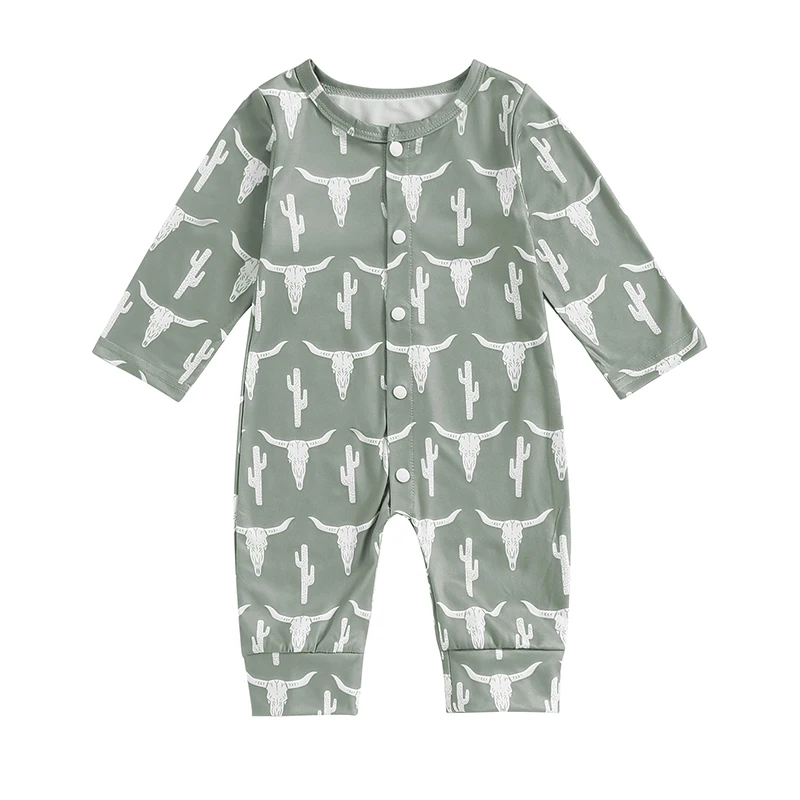 

Baby Boys Spring Autumn Jumpsuit Long Sleeve Cattle Head Cactus Print Button Down Romper