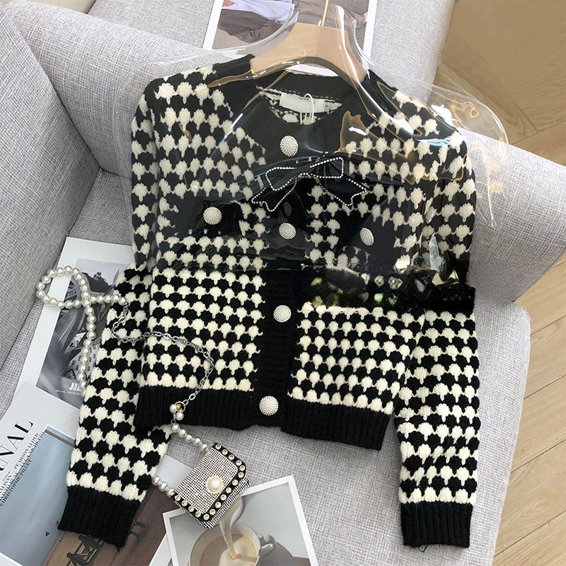 

Women V Neck Knitted Loose Cardigan Sweater Female Vintage Plaid Print Knit Sweater Long Sleeve Fashion Ladies Jumper Tops G268