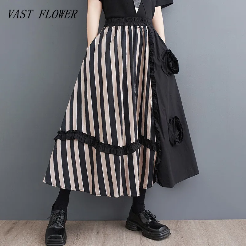 

Юбка женская хлопковая в винтажном стиле, Повседневная Свободная длинная в полоску, с высокой талией, с цветочным принтом, одежда в стиле оверсайз, лето 2023