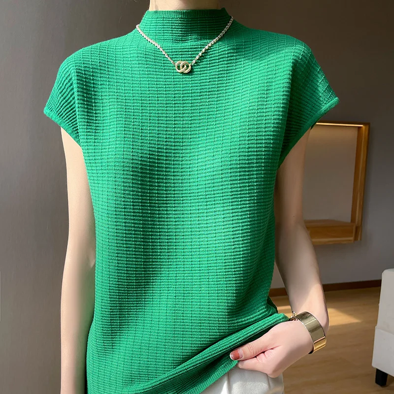 

MVLYFLRT Summer new vest women's half turtleneck pullover casual knitted sleeveless tops women's sweater T-shirt short sleeve