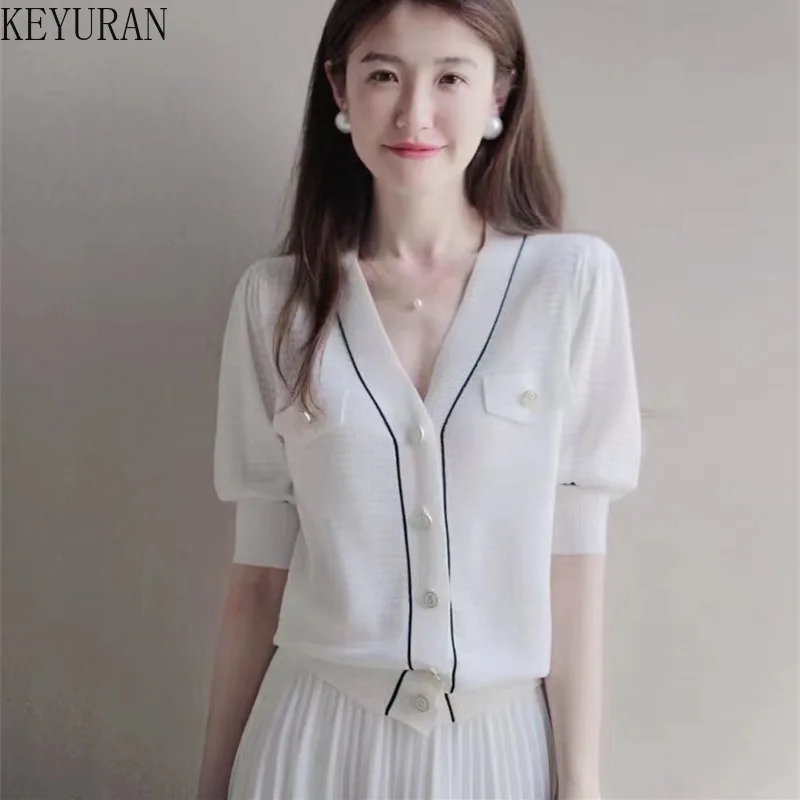 

Женский трикотажный кардиган с коротким рукавом, тонкий однобортный Свободный Вязаный топ из вискозы белого цвета с V-образным вырезом, лето 2022