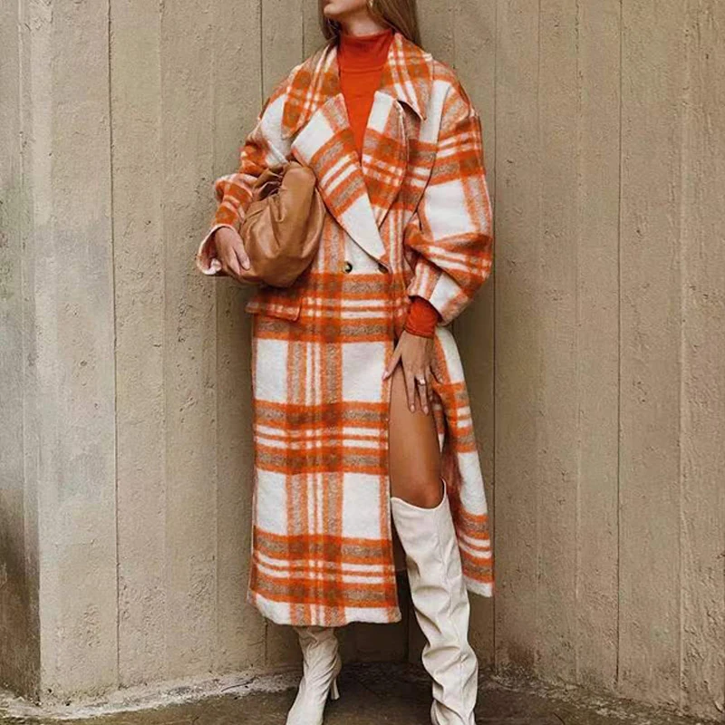 

Women Elegant Casual Plaid Print Overcoats Winter Lapel Thick Woolen Jackets New Fashion High Street Long Loose Coats Streetwear