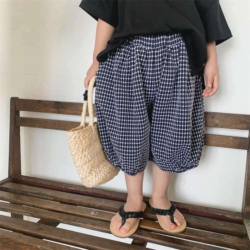 Летние клетчатые модные детские брюки с широкими штанинами свободные эластичные