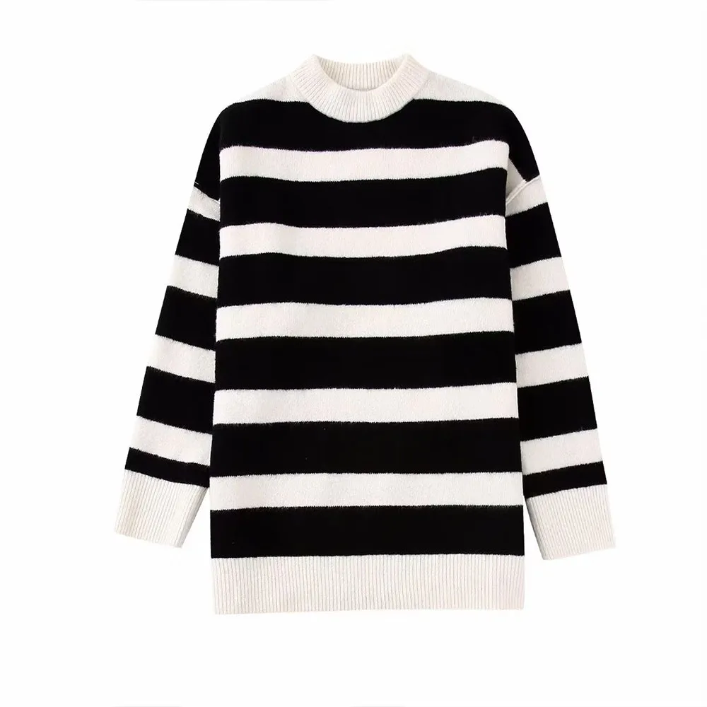 

Женский свободный свитер в полоску, с круглым вырезом