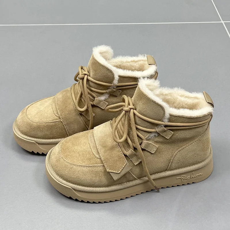 

Snow Boots Women Genuine Leather Platform Ankle Boots 2022 New In Fashion Plush Thickening Lace Up Casual Winter Women Shoes
