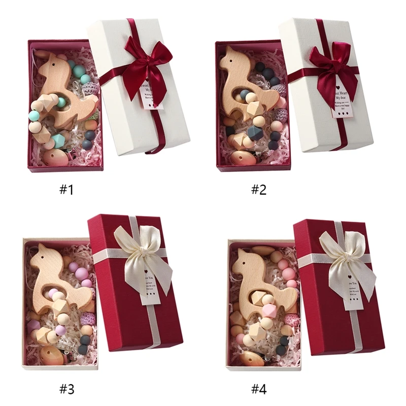

Baby Wooden Rattle with Silicone Pacifier Chain Clip Toy Set Accessory