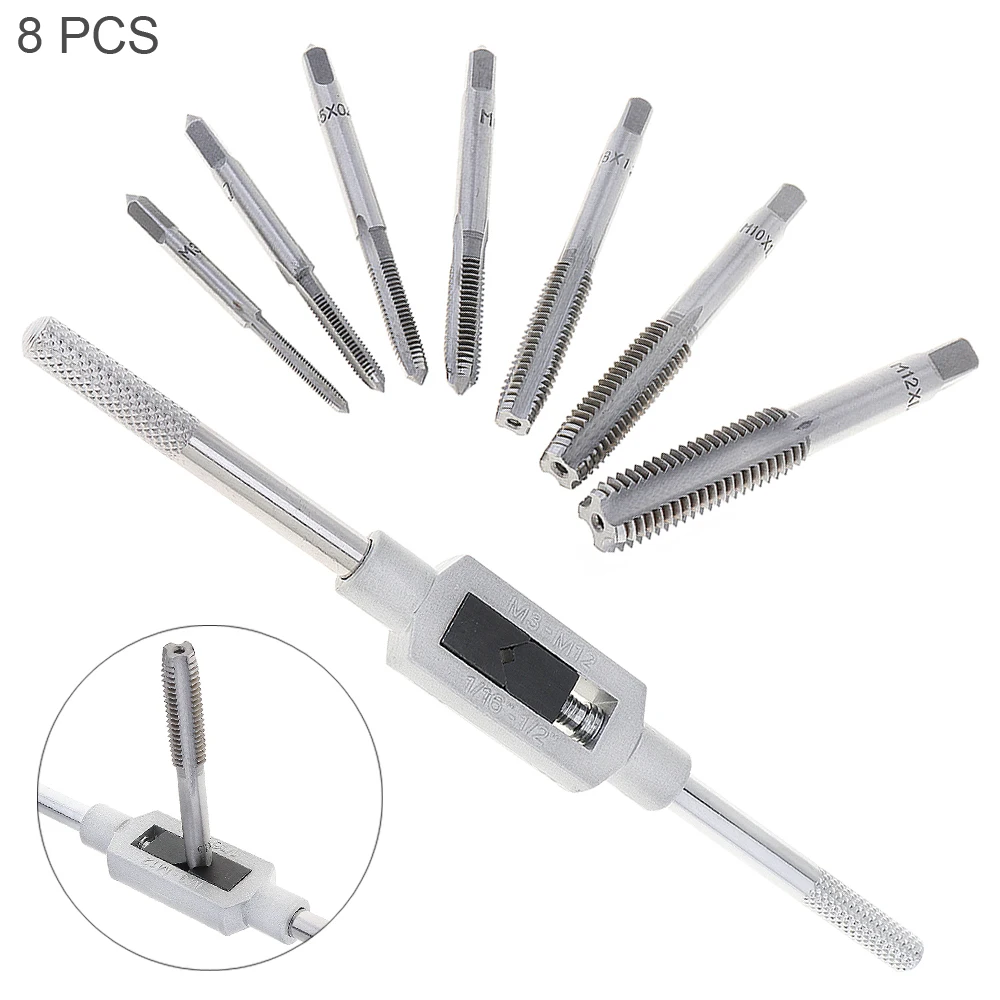 

Metric Thread Tap 8pcs HSS Hardware Tap Die Set M3-M12 Taps and 1/16'' -1/2'' Wrench Handle for Woodworking / Machinery Repair