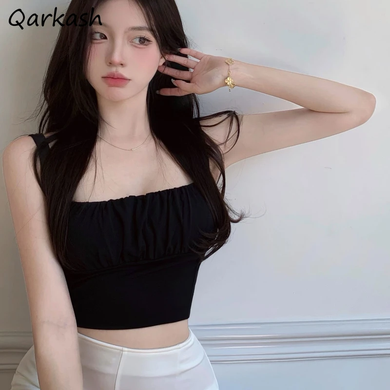 

Camisole Women Folds Design Slim Sexy Korean Style Girls Trendy Vintage All-match Crop Top Streetwear Summer Clothes Leisure Ins