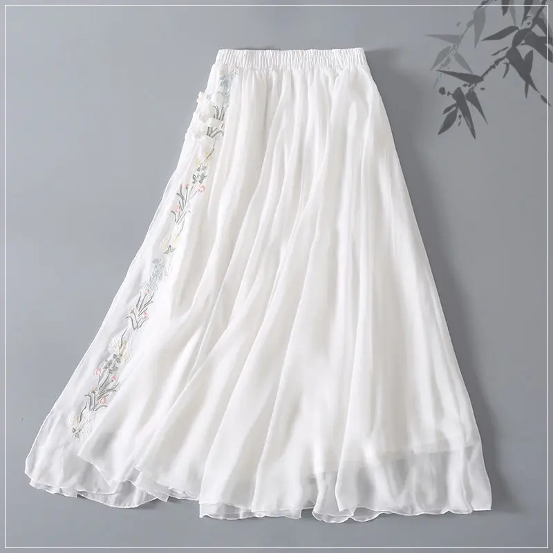 

2022 Summer Women's New Solid Color Skirt Casual Fashion Embroidered Flower Plate Buckle Chiffon Skirt Retro Long Skirt Women