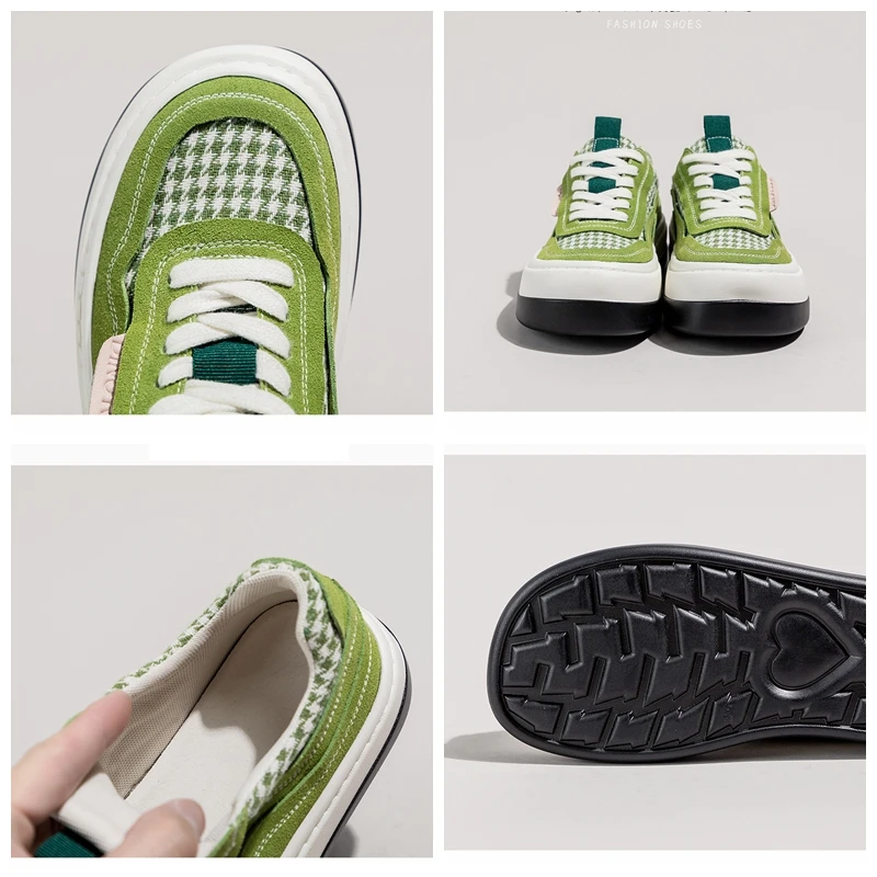 Autuspin Green Plaid Canvas Shoes Women 2023 Fashion Four Season Casual Platform Suede Vulcanized Sneakers Outdoor Students
