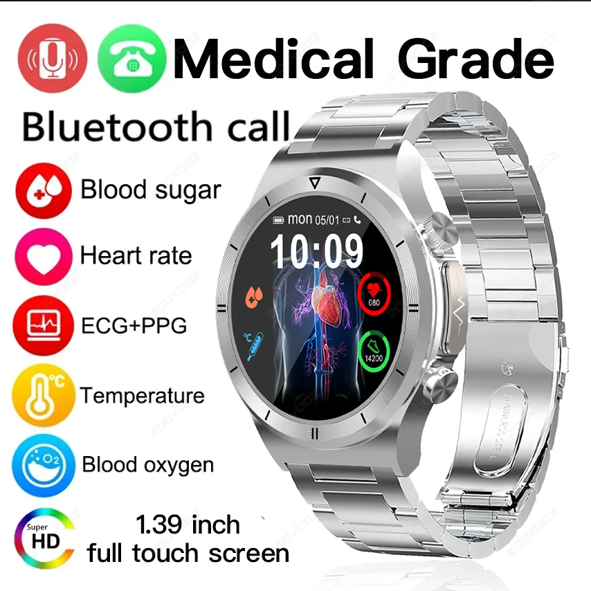 

2023 New Blood Sugar Smart Watch Men Voice Calling Sport Watches Man IP68 Waterproof ECG Smartwatch Health Glucometer For Huawei