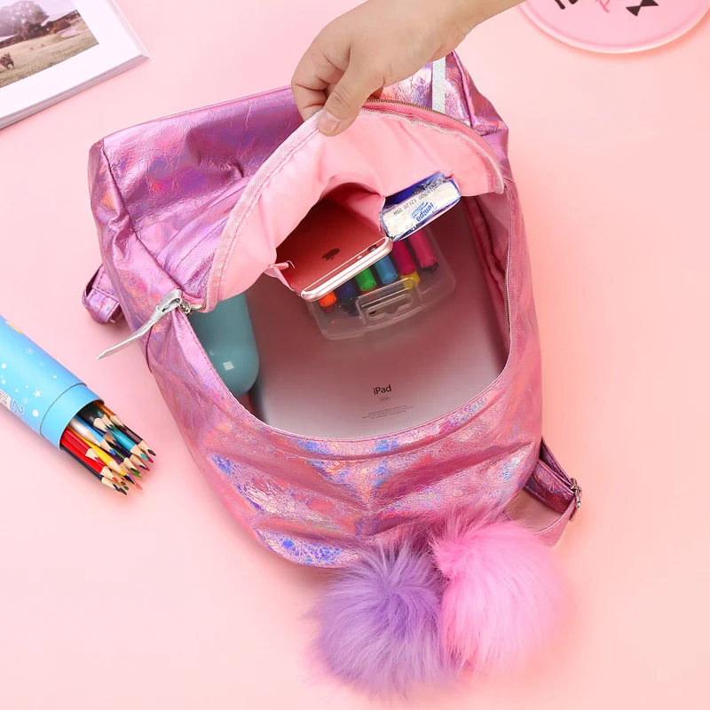 Children Backpacks Fashion  Holographic Reflection PU School Backpack Lovely Large Capacity Casual  Girl Shoulder Bag for Travel