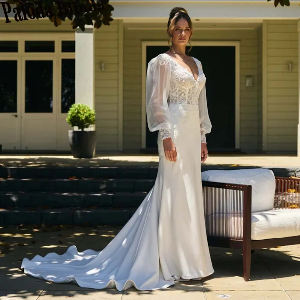 

Paloda Long Lantern Sleeves Vintage Wedding Dresses V-Neck Mermaid Brush Train Satin Appliques Vestidos De Novia Brautmode