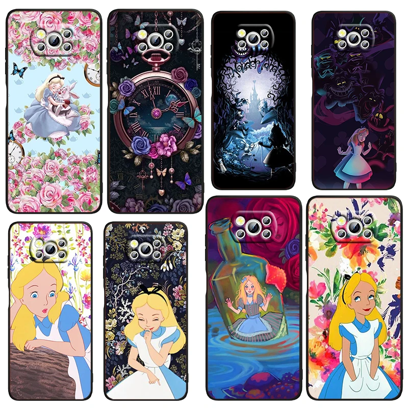 

Phone Case For Xiaomi Mi Poco X4 X3 NFC F4 F3 GT M5 M5s M4 M3 Pro C40 C3 5G Funda Disney Alice in Wonderland Black Soft Cover