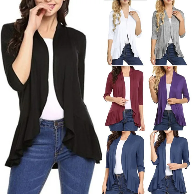 

Womens 3/4 Sleeve Cardigan Tops Open Front Bolero Shrugs Casual Solid Color Ruffled Hem Thin Tops Coat Streetwear