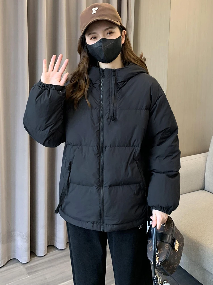 Double Zipper Short Down jacket Women Winter 2024 New Hood Loose down Coat White Duck Down Outerwear Small