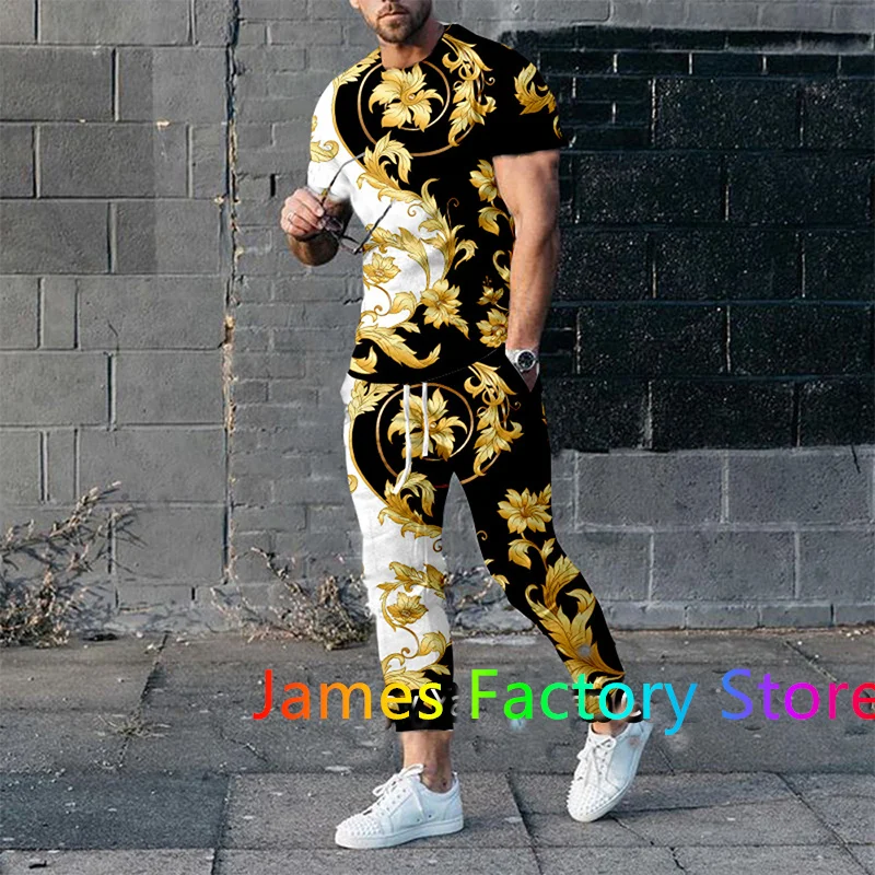 Men's Trousers Set Luxury Gold Print TShirt Outfit Set Fashion Tracksuit 2 Piece Set Casual Jogging Suit Male Oversized Clothing