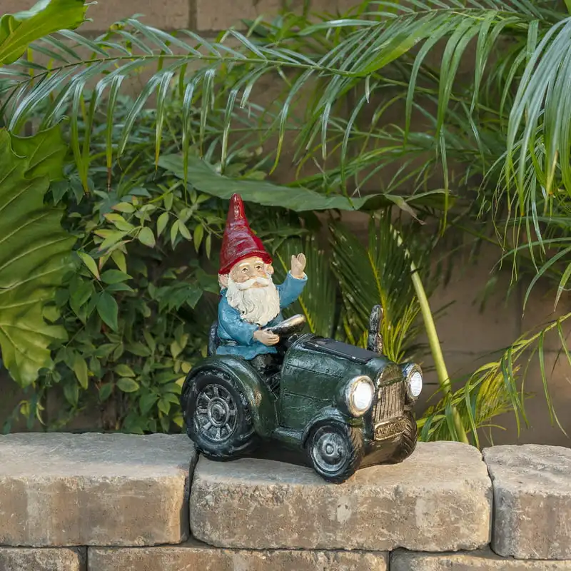 

Green Tractor Riding Gnome with Cool White LED Lights