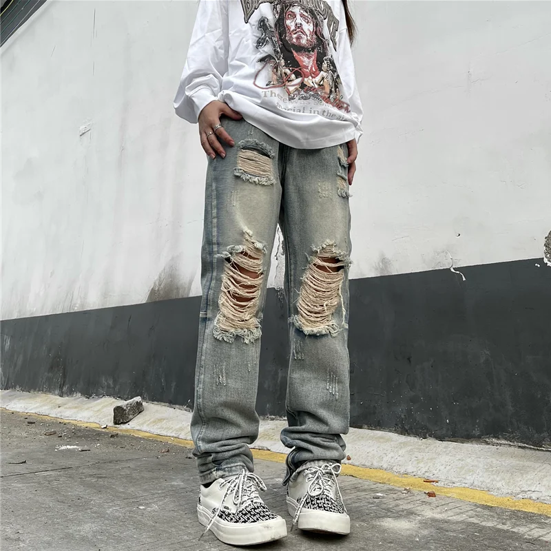 Streetwear Men 2022 New Pattern Vintage Recreational Blue Ripped Jeans Loose Broad Leg Straight Cylinder Trousers Autumn Female