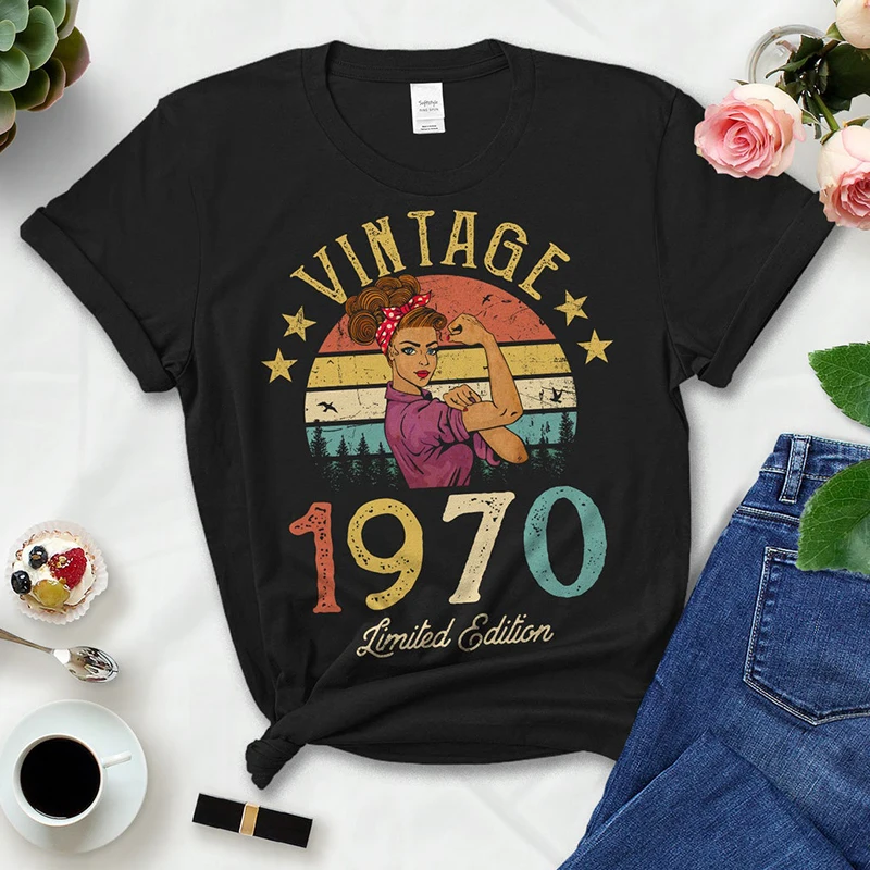 

Vintage 1970 Limited Edition Black Cotton T Shirts Women Retro Summer Fashion 53rd 53 Years Old Birthday Party Tshirt Ladies Top