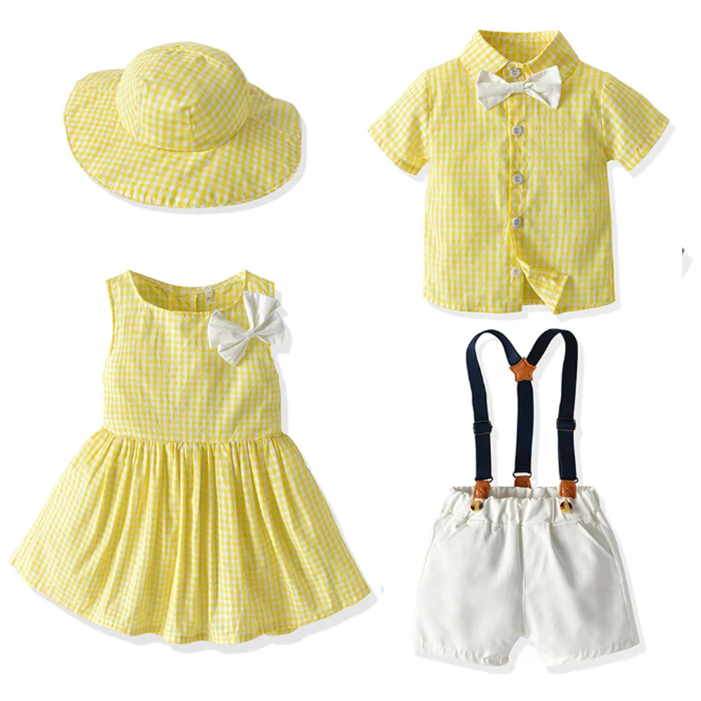 Brother Sister Matching Outfits Kids Baby Girl Dress with Hat  Boy Tops Short Suits  Family  Outfit Photograph