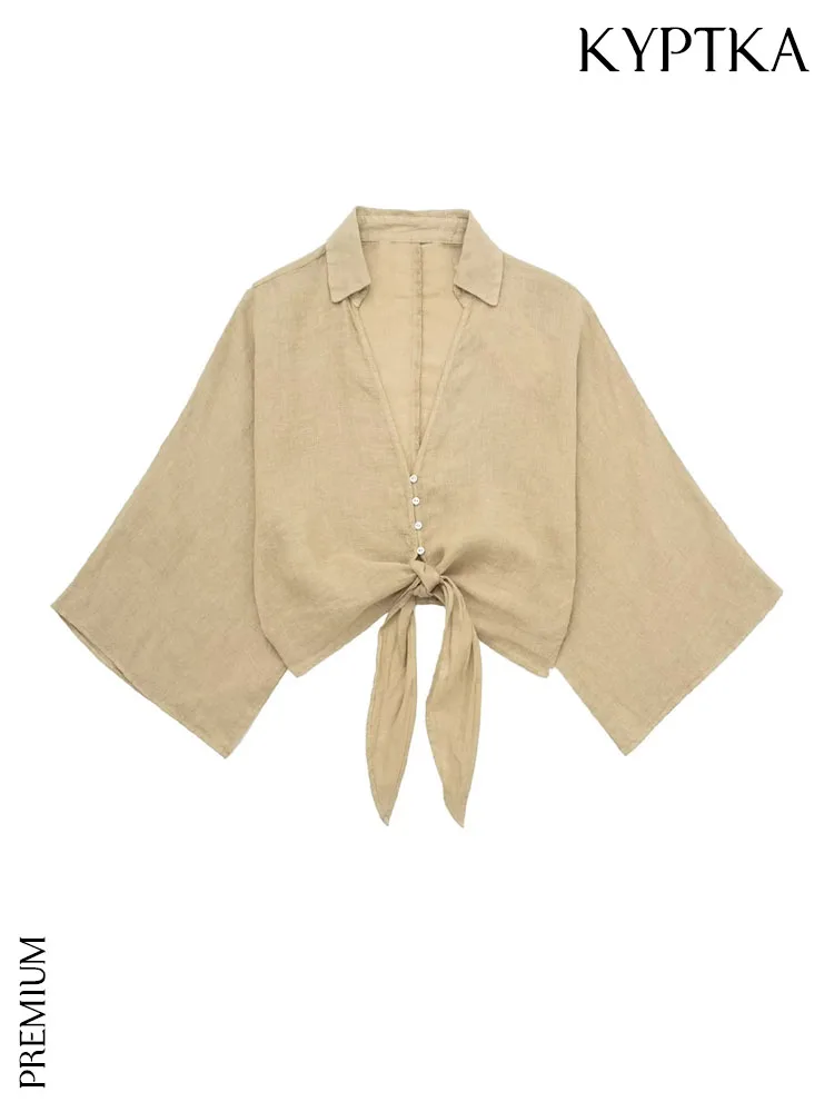 

Женские Модные льняные рубашки KYPTKA, винтажные блузки с рукавами три четверти и пуговицами спереди, шикарные топы