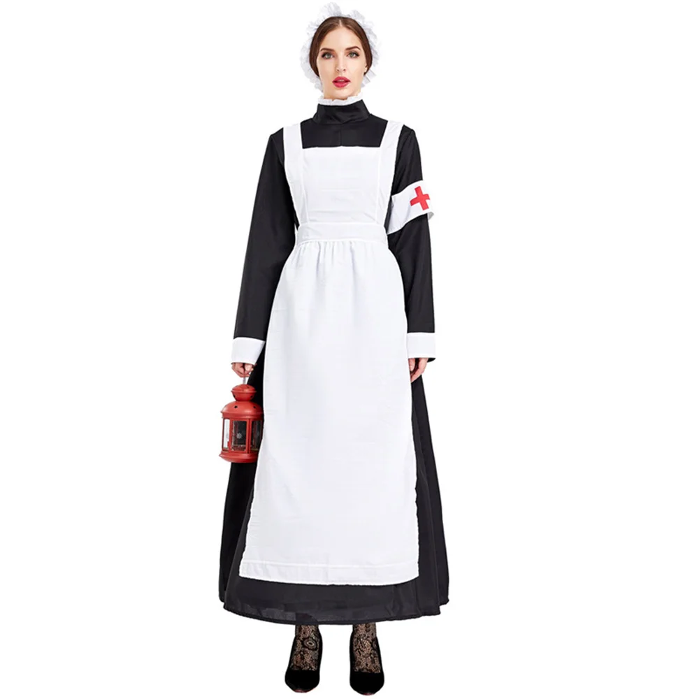 

Halloween Medieval Civil War Nurse Cosplay Costume For Women Pastoral Farm Maid Long Dress Carnival Role Fancy Outfits