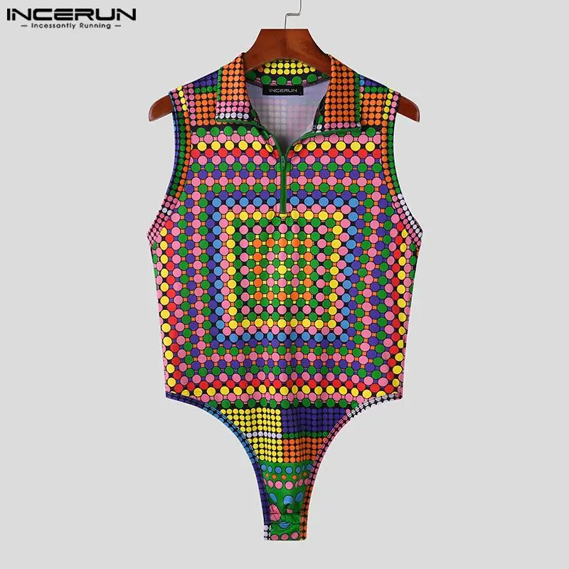

2023 Men Bodysuits Printing Summer Lapel Sleeveless Zipper Streetwear Rompers Tank Tops Fitness Fashion Bodysuits S-5XL INCERUN