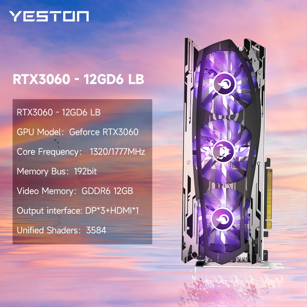 YESTON NVIDIA Geforce RTX 3060 Видеокарта GDDR6 12G 192bit RGB RTX3060-12GD6 LB Компьютер Настольный GPU Разгон -