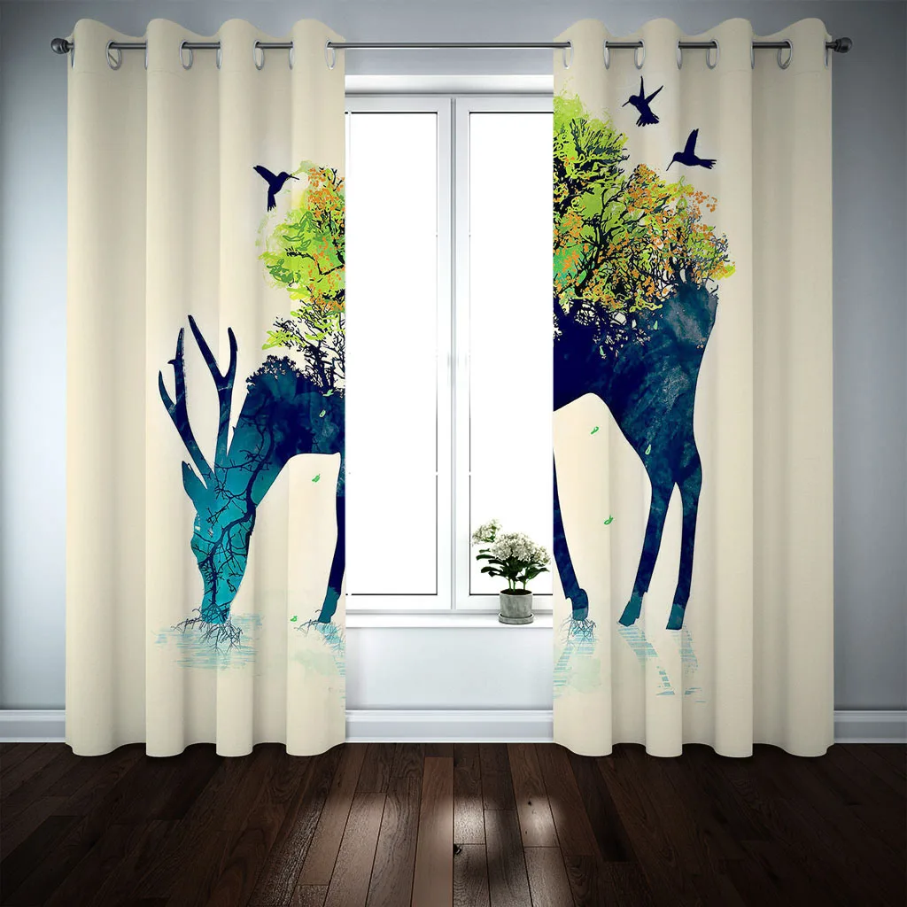 Короткие шторы HUANZHUANG с абстрактным лесом и оленями затенение занавески для