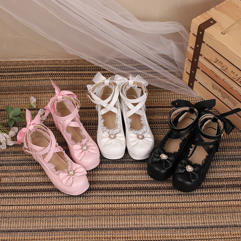 2023 new Spring women pumps  plus size 22-26.5cm Pearl mesh bow ankle buckle Lolita shoes cute mary jane shoes platform shoes