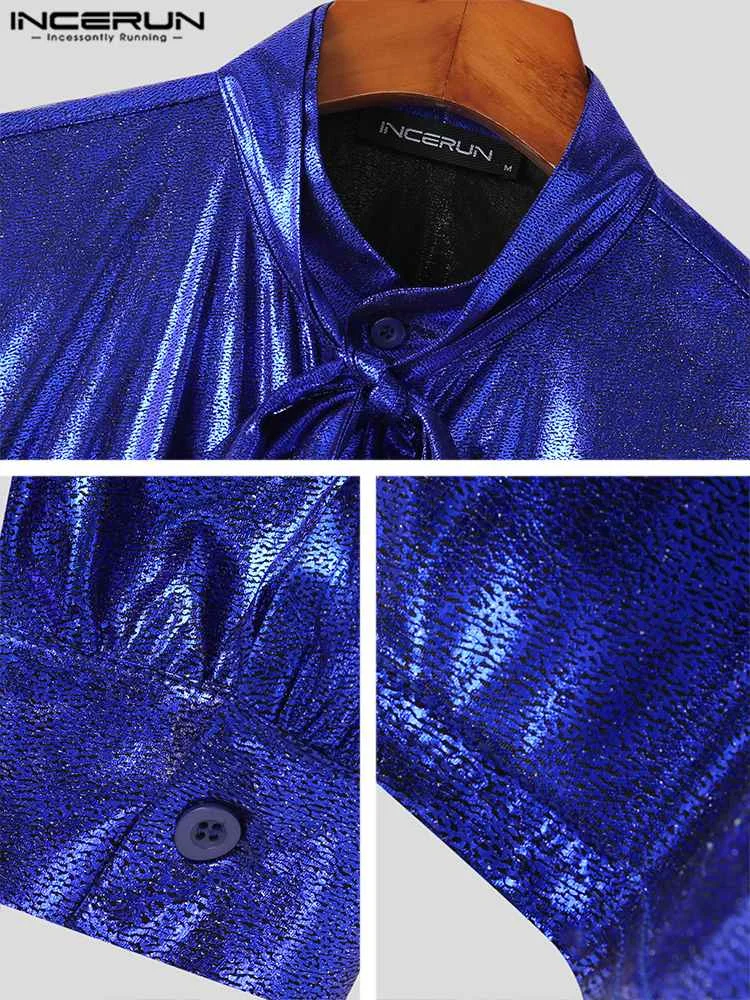 Stylish All-match Men Glitter Tie Blouse INCERUN Tops 2022 Streetwear Hot Sale Male Long Sleeve Reflective Coating Shirts S-5XL