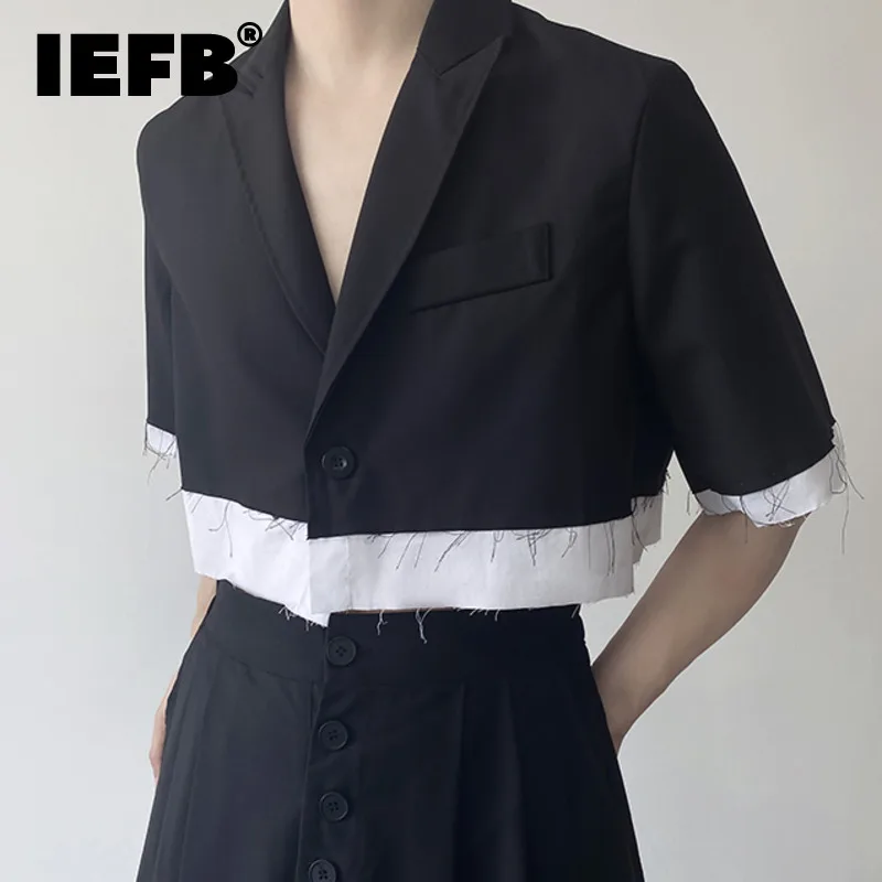 

Летний темный костюм IEFB, мужские модные блейзеры контрастных цветов с коротким рукавом, модная повседневная одежда в стиле Харадзюку, новинка 2023, 9A9023