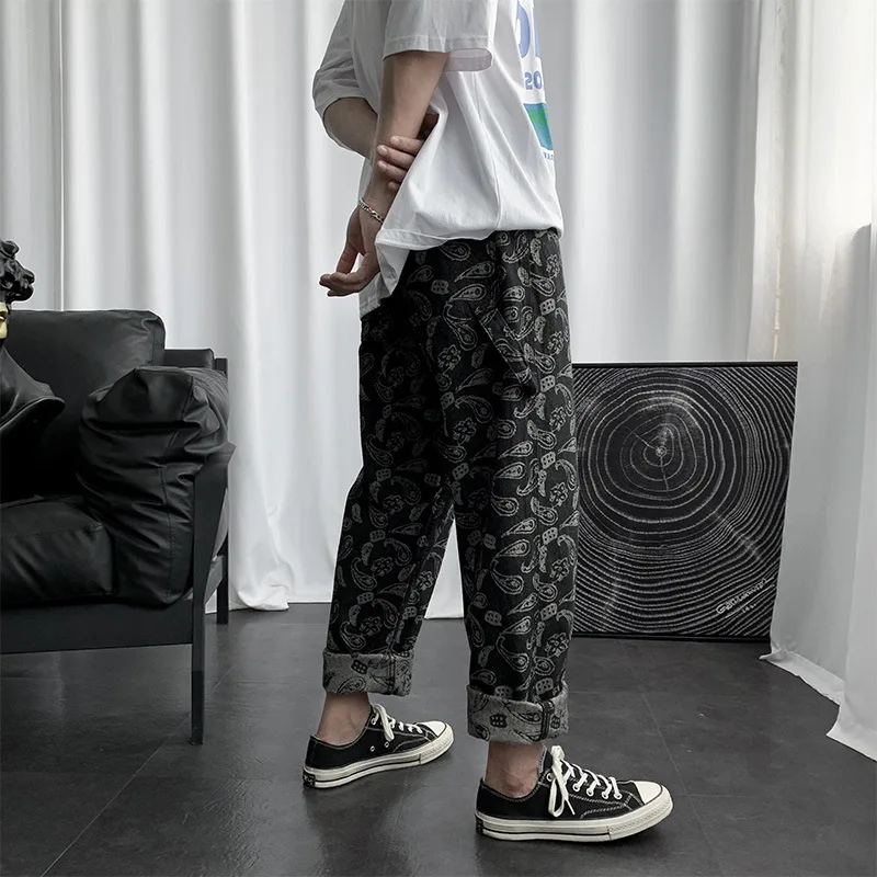 Bandana Baggy Jeans for Men Oversize Pants Spring Embroidery Straight Wide Leg Denim Trousers Hiphop Streetwear Clothes Y2K