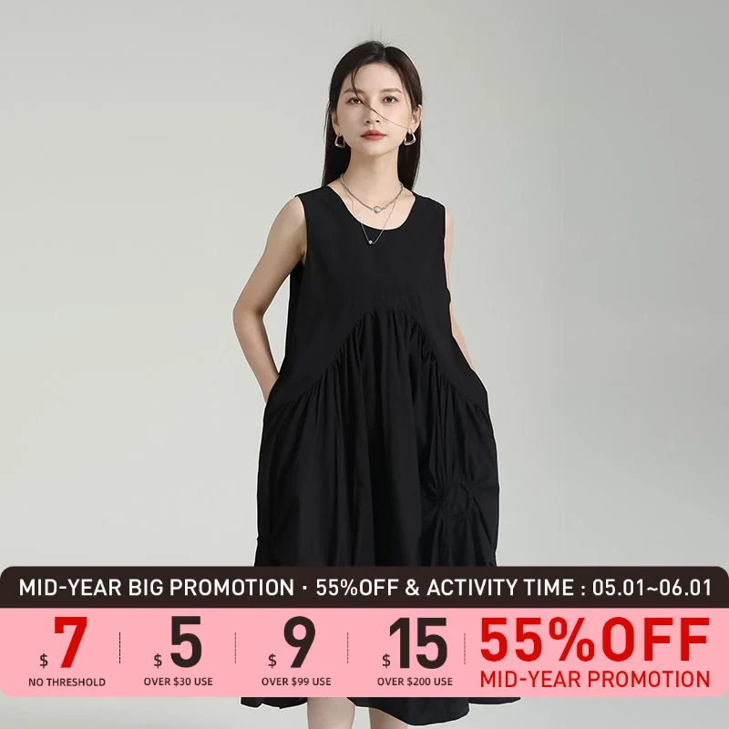 

Leorlax 2023 Irregular Design Vest Dress2023summer Black Mid-length Sleeveless Pleated Dress
